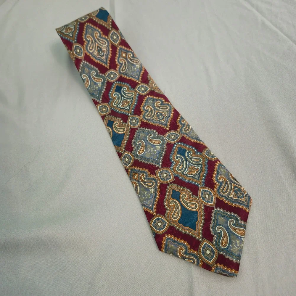 Park Avenue Mens Silk Tie Burgundy Teal Paisley Medallion Italian Hand Made 3.75
